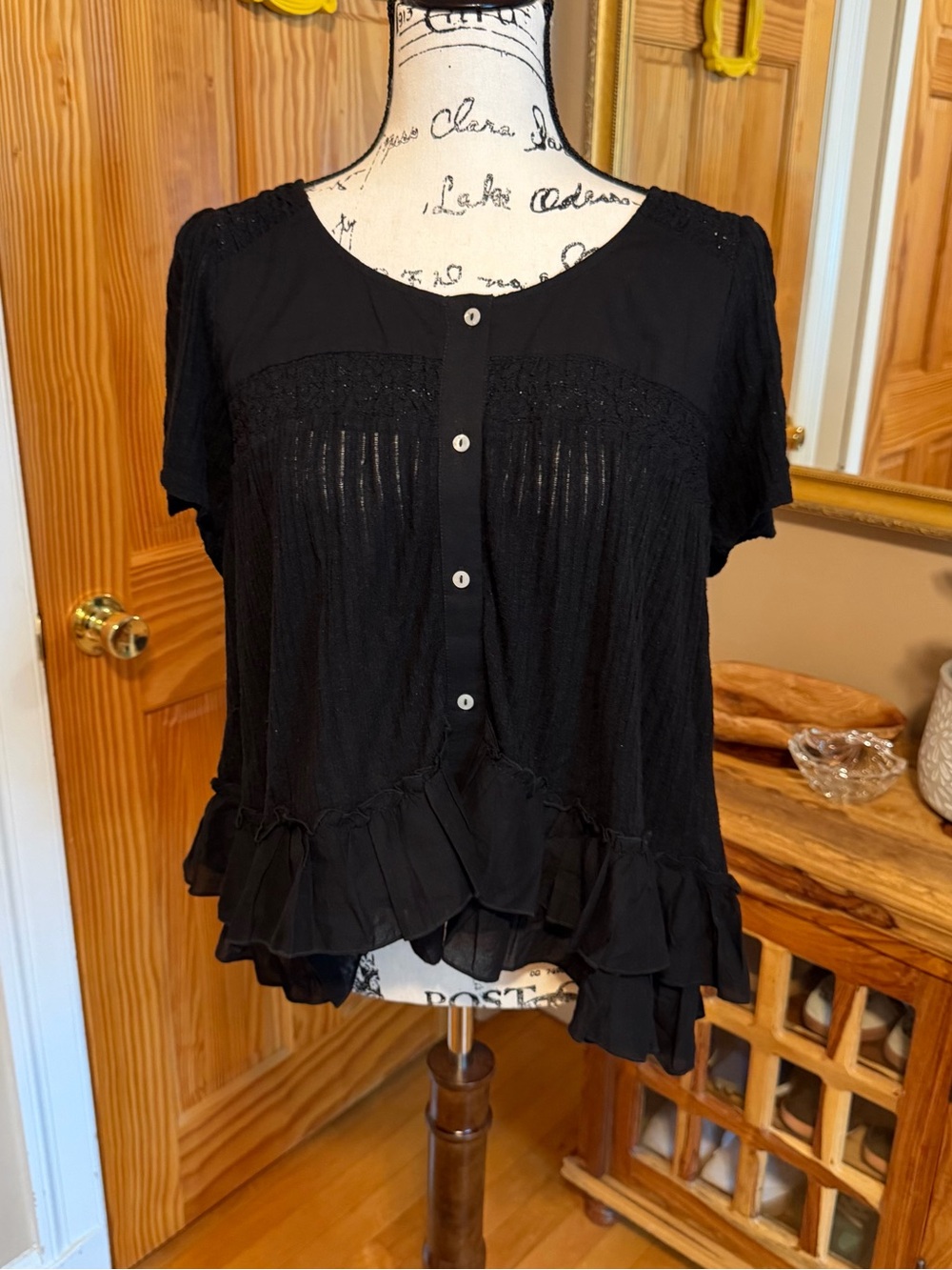Lucky Brand Black Smocked Lace Ruffle-Hem Button Front Blouse. Size Medium.